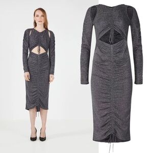 $278‼️BCBGMaxAzria Bodycon Shimmer Metallic Ruched Glam CutOut Long Sleeve Dress